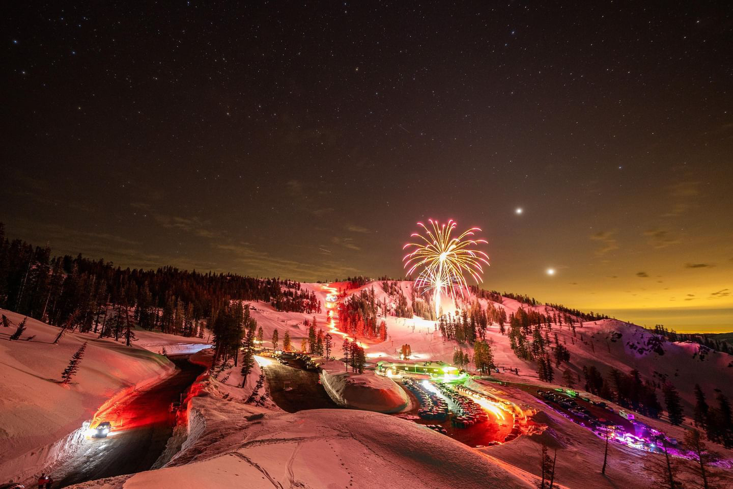 Torchlight parade and fireworks on the Bear Valley ski hill